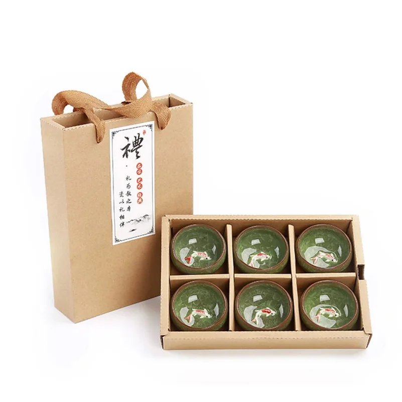 Gift Package 6pcs 3D Golden Fish China tea cup set,Kung Fu Tea Set Crackle Glaze Travel Tea Bowl Chinese Teacup Sets 3