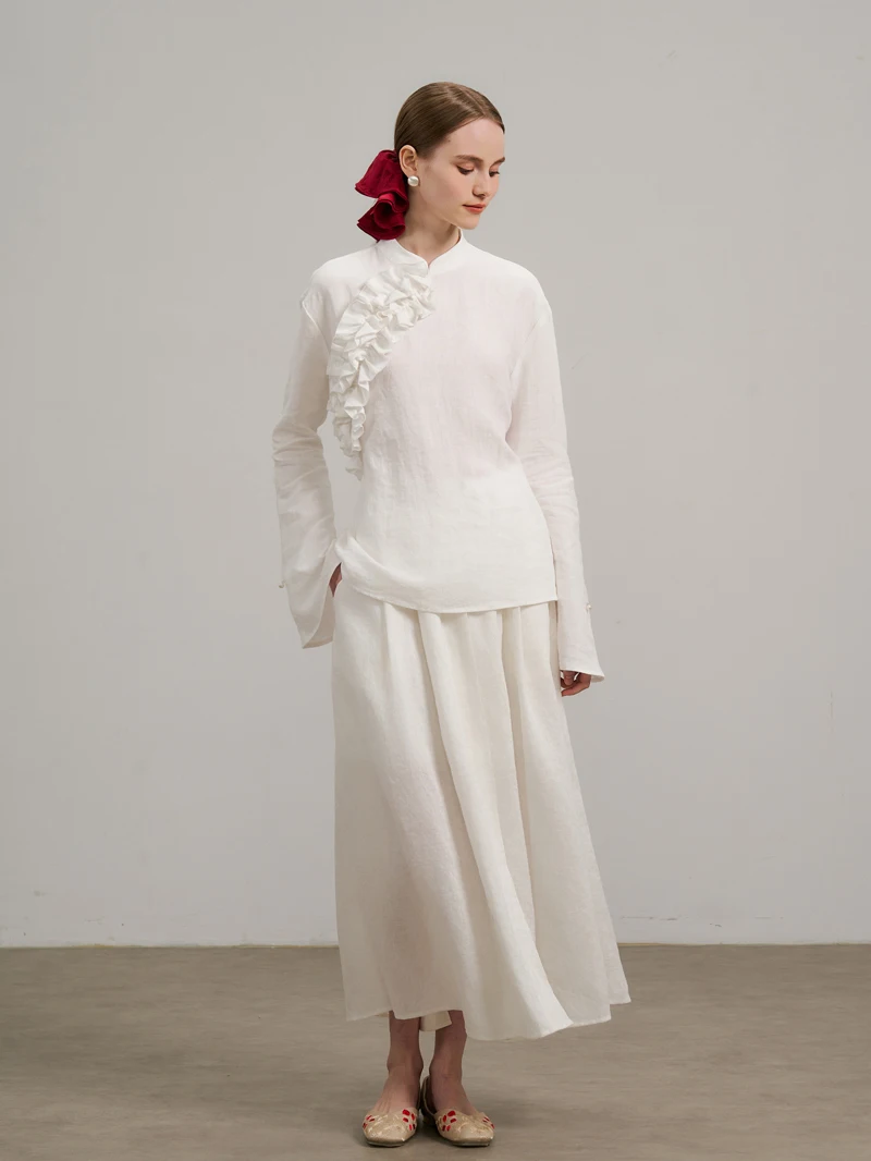 

Niniliuiu Linen White Midi Skirt Versatile Simple High-End Chinese Sle Spring Summer Ci Commute Casual Par Skirt