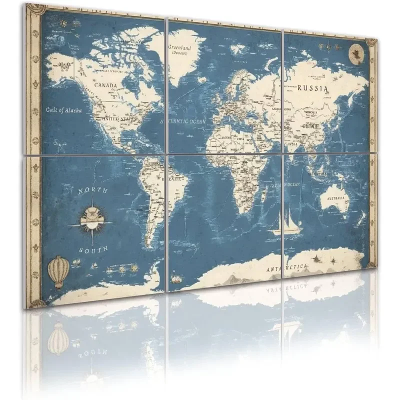 Art Acoustic Panels World Map Vintage blue beige 6 Pack Decorative Sound Absorbing Wall Panels 72x48 Noise Canceling