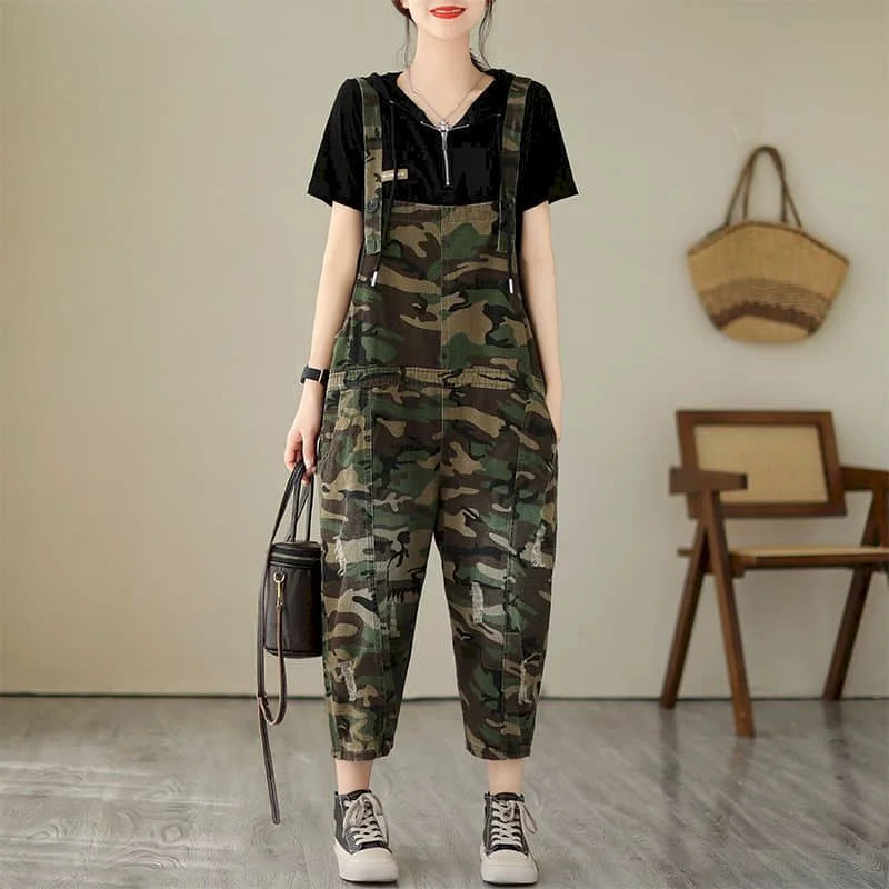 Camouflage Jumpsuits for Women Workwear Straight Pants Vintage One Piece Outfit Women Clothing Safari Style Loose Casual Rompers