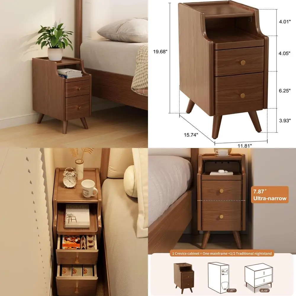 Compact Walnut Nightstand with Drawers, Solid Wood Side Table for Bedrooms