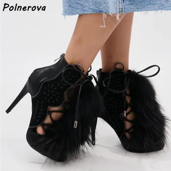 2025款毛絨涼鞋,刺繡金屬環鉚釘,圓頭細跟,拼接毛絨鞋,夏季復古派對細高跟鞋 8 最佳銷售 毛茸茸的高跟鞋 - №1