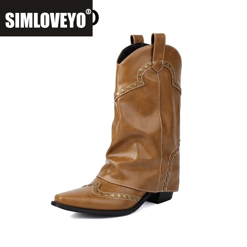 

SIMLOVEYO 2024 Female Western Boots Square Toe Block Heels Slip On Rivets Plus Size 47 48 Daily Women Mid Calf Bota