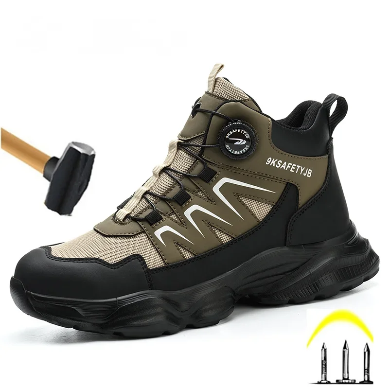 Steel Toe work Boots  Rotating Button Indestructible Shoes Safety Boots Breathable Non-slip Puncture-Proof Protective Shoes