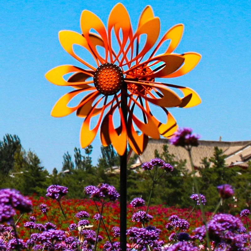 

Outdoor Sunflower Rotating Windmill Garden Lawn Double Sided Windmill Yard Metal Crafts Ornament Iron Pinwheel Decoration