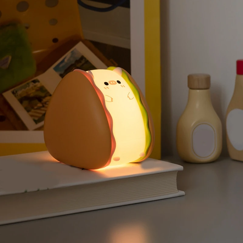 TKOH-Burger Piggy Luz nocturna de silicona, luces nocturnas, LED Squishy Novedad Animal Regalos lindos -3 niveles de brillo, sensor táctil