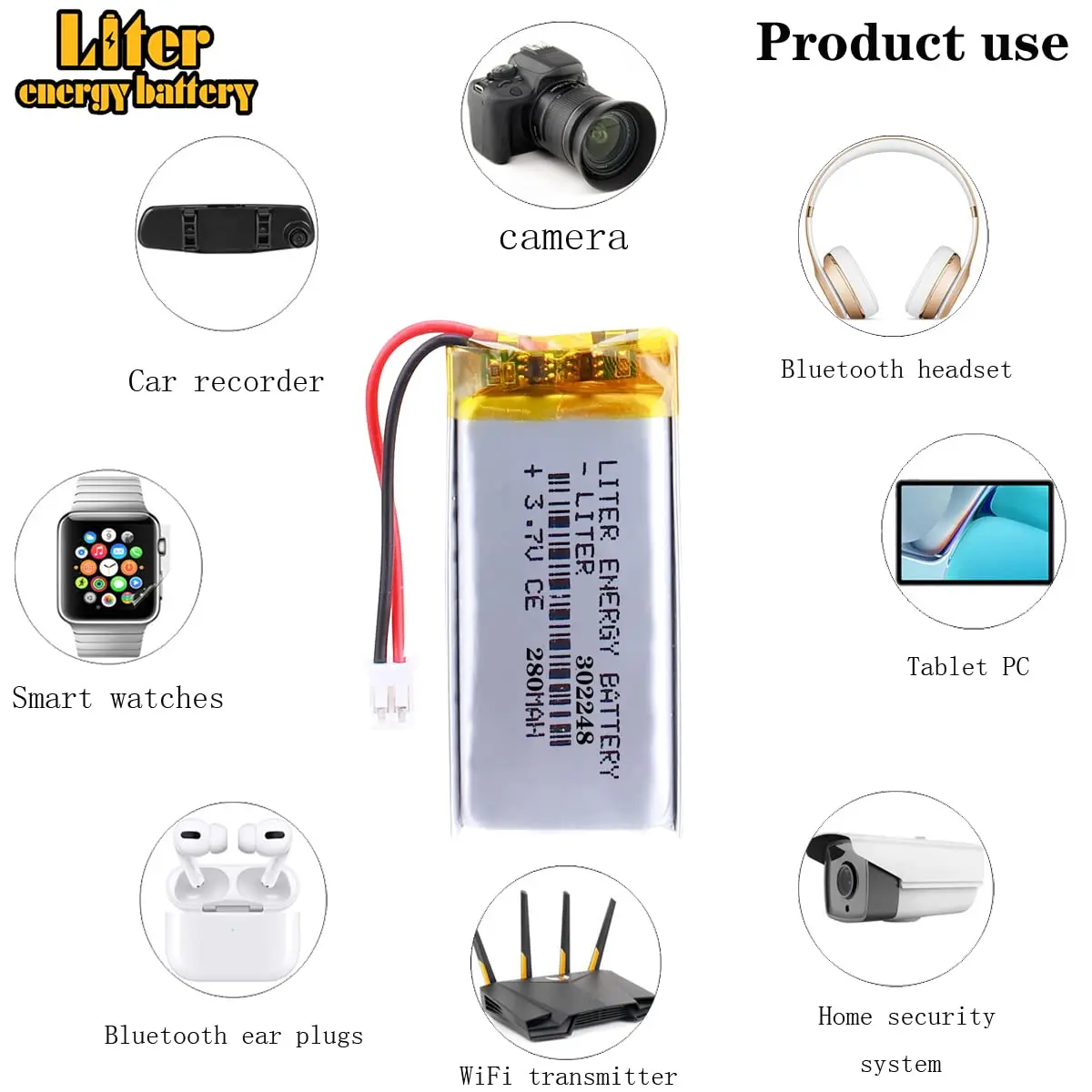 Liter 3,7V 280mAh 302248   Lipo-Akku JST 2,0 mm Anschluss für Router Walkman Bluetooth-Headset Bluetooth-Lautsprecher