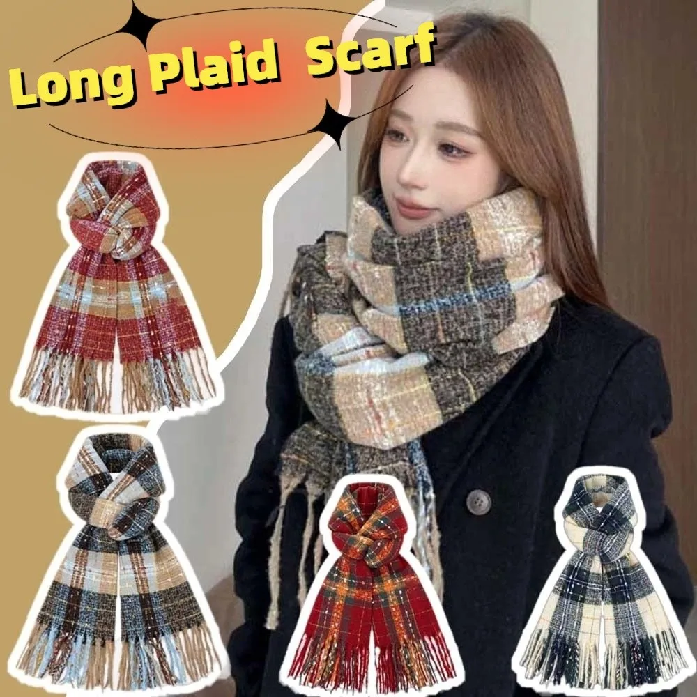 

Shawl Soft Plaid Knitted Scarf Cold-proof Classic Long Tassel Neckscarf Solid Color Polyester Women Thickened Scarf Spring