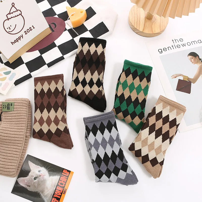 

Harajuku Vintage Socks Japanese College Style Retro Diamond Pattern Argyle Knitting Kawaii Sock Calcetines Mujer For Girl Meias