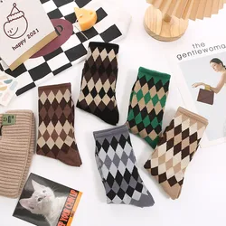 Harajuku Vintage Socks Japanese College Style Retro Diamond Pattern Argyle Knitting Kawaii Sock Calcetines Mujer For Girl Meias