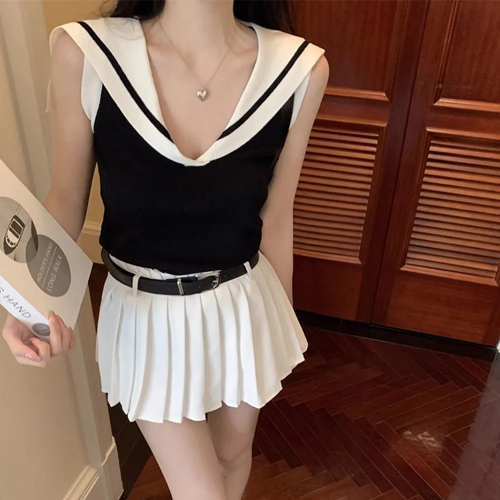 Sweet Hot Girl Sailor Collar Sleeveless Vest Tops + High Waist White Pleated Skirt Women\'s Summer Slim Mini Skirts 2 Piece Sets