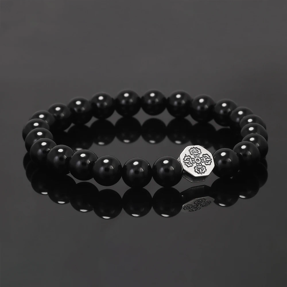 8mm Natural Stone Beaded Bracelet for Men Women 925 Sterling Silver Vajra Six Words Mantra Charm Obsidian Agate Handmade Jewelry view 3