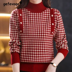 Winter Korean Style Plaid Half High Collar Thicken Warm All Match Knitted Sweater Women Elegant Long Sleeve Pullovers Top Female