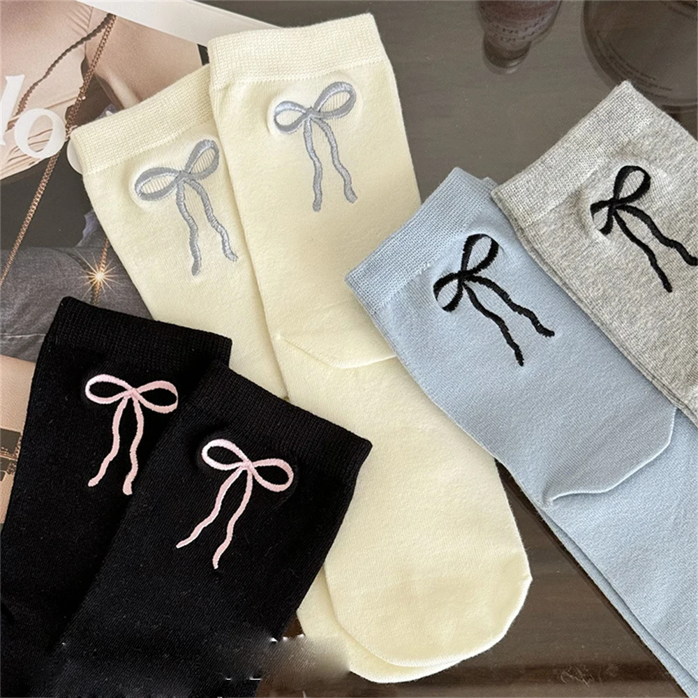 6 pairs Girls Spring Autumn Cute Casual Embroidered Bow Mid-tube Socks Women's Simple Korean Version Breathable Cotton Sock Gift