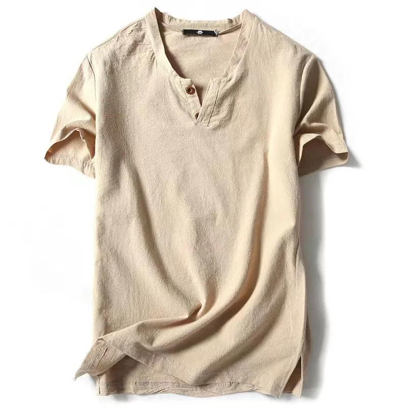 Summer thin cotton linen short sleeve T-shirt MEN'S loose plus size solid color T shirt