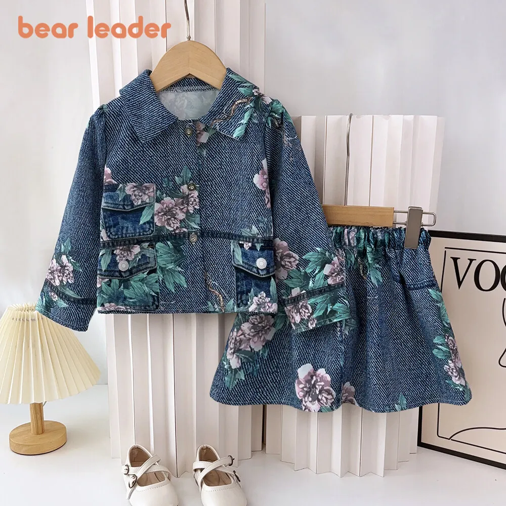 Bear Leader Autumn Girls' Clothing Printed Clothing Sets Denim Effect Long Sleeved Jacket+Skirt suits Blue Children's Clothing