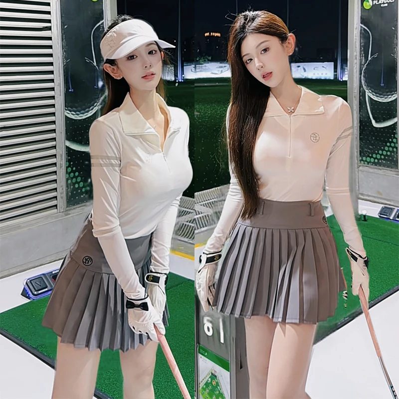 PL Sporty Chic Golf Top Women Korean Long Sleeve Zipper Collar Shirts Stretch Quick-Dry Polo Shirt High Waist Pleated Golf Skirt