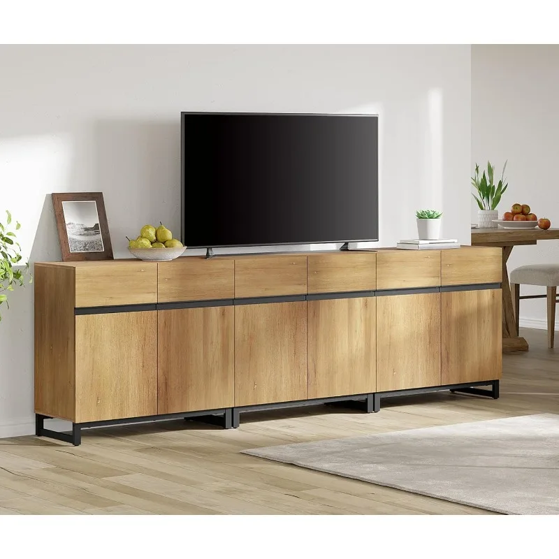 Soporte de TV moderno para televisores de hasta 110 pulgadas, mesa consola de TV de centro de entretenimiento de madera 3 en 1 con estantes ajustables y base de metal