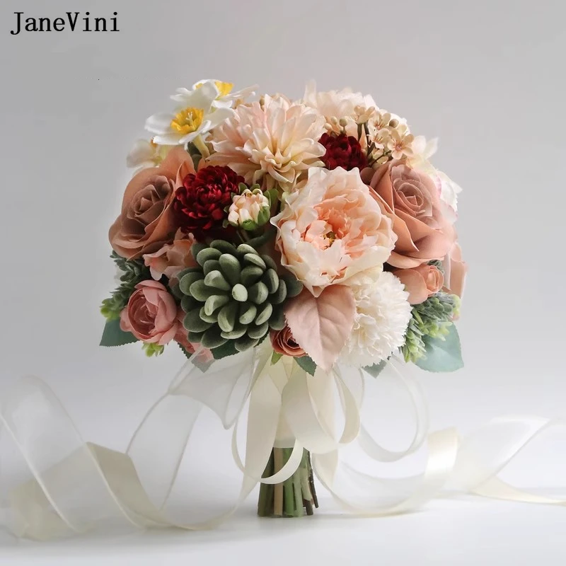 JaneVini 2025 Charming Western Bridal Bouquets Artificial Silk Roses Boho Brides Holding Flowers Hydrangea Wedding Accessories