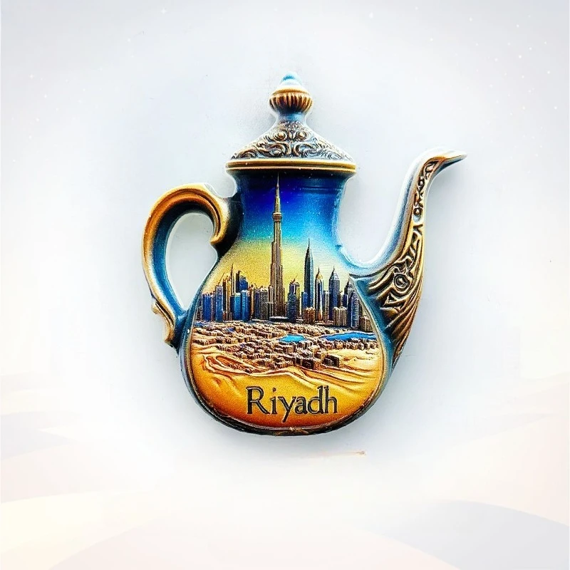 Riyadh Saudi Fridge Magnet - Iconic 3D Blue Coffee Pot Souvenir Unique Arabian Cultural Gift for Travel & Majlis Home Decor