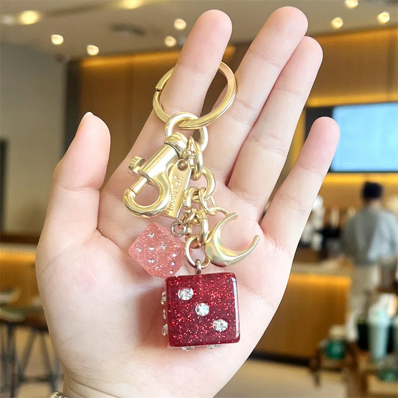 New Hot-selling Good Luck Dice String Crystal Epoxy Gold Foil Resin Keychain Fashion Bag Key Chain Bag Purse Accessories