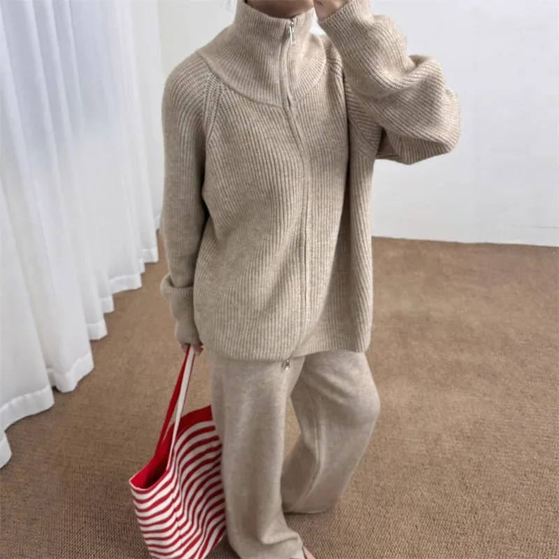 

Однотонный вязаный кардиган с воротником на молнии, женский осенне-зимний новый повседневный шерстяной брюки с широкими штанинами, женская одежда из двух предметов