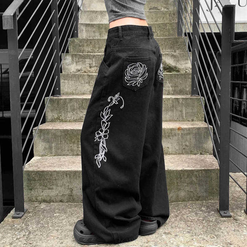 

Spice Girl Street винтажные свободные прямые повседневные джинсы брюки женские осенние новые индивидуальные черные джинсы с низкой талией и вышивкой