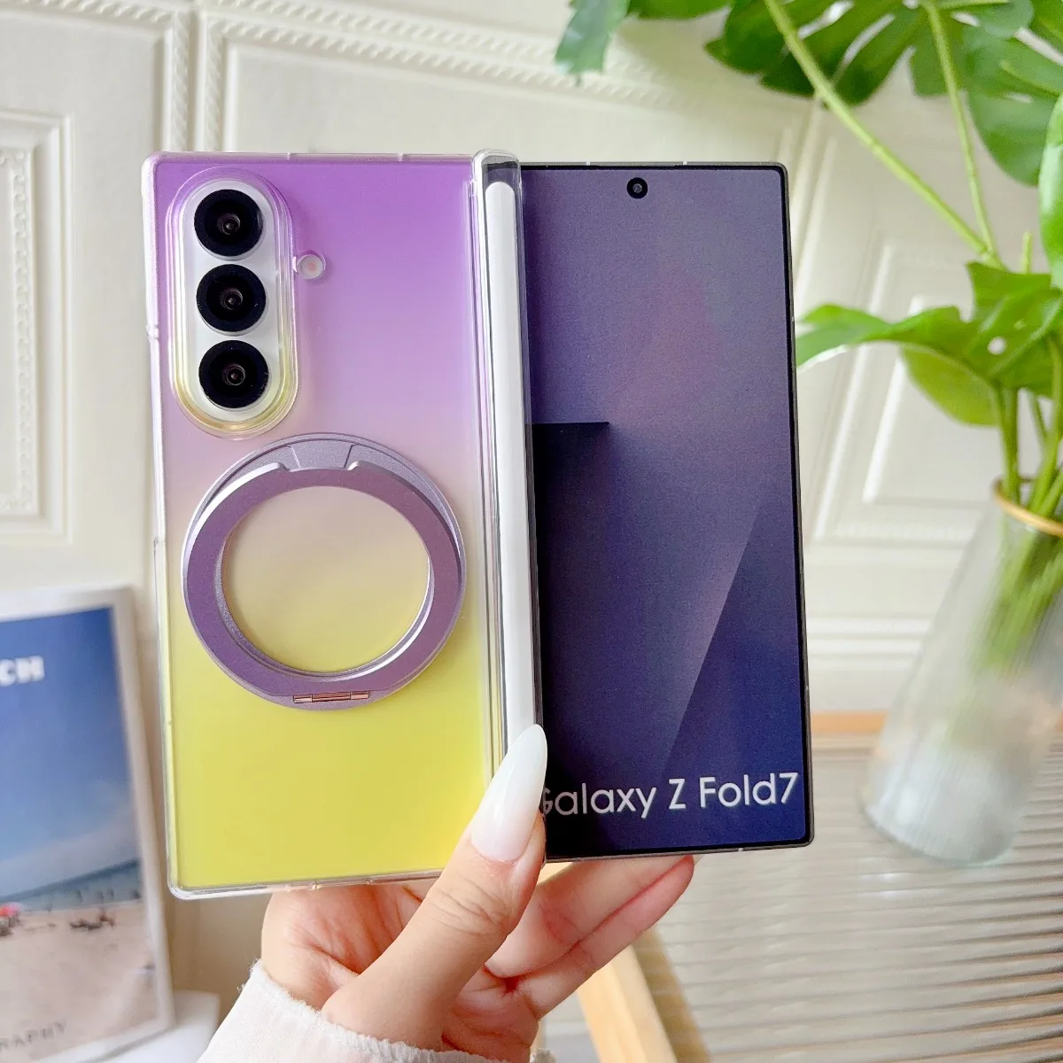 Étui de téléphone magnétique transparent dégradé avec anneau rotatif et support pour Samsung Galaxy Z Fold 7 6 5 8 Ultra avec protection de charnière