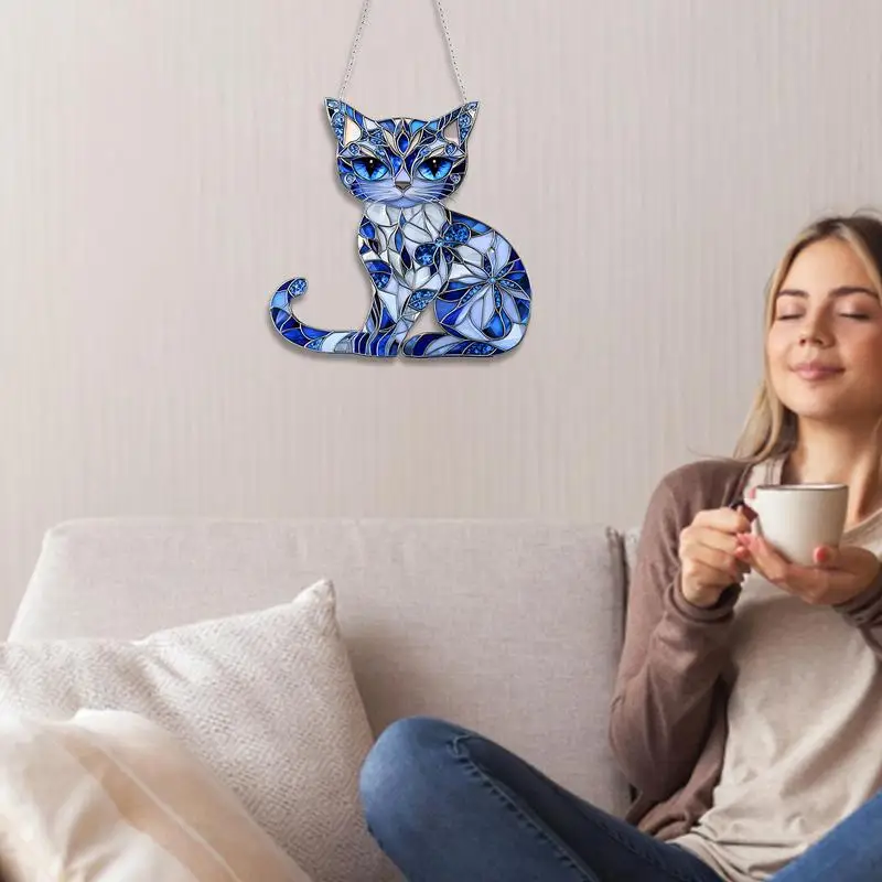 8-inch Acrylic Blue Cat Stained Glass Window Hanging Sun Catcher Outdoor Indoor Yard Decor Cat Lover Sign Gift for Family Home
