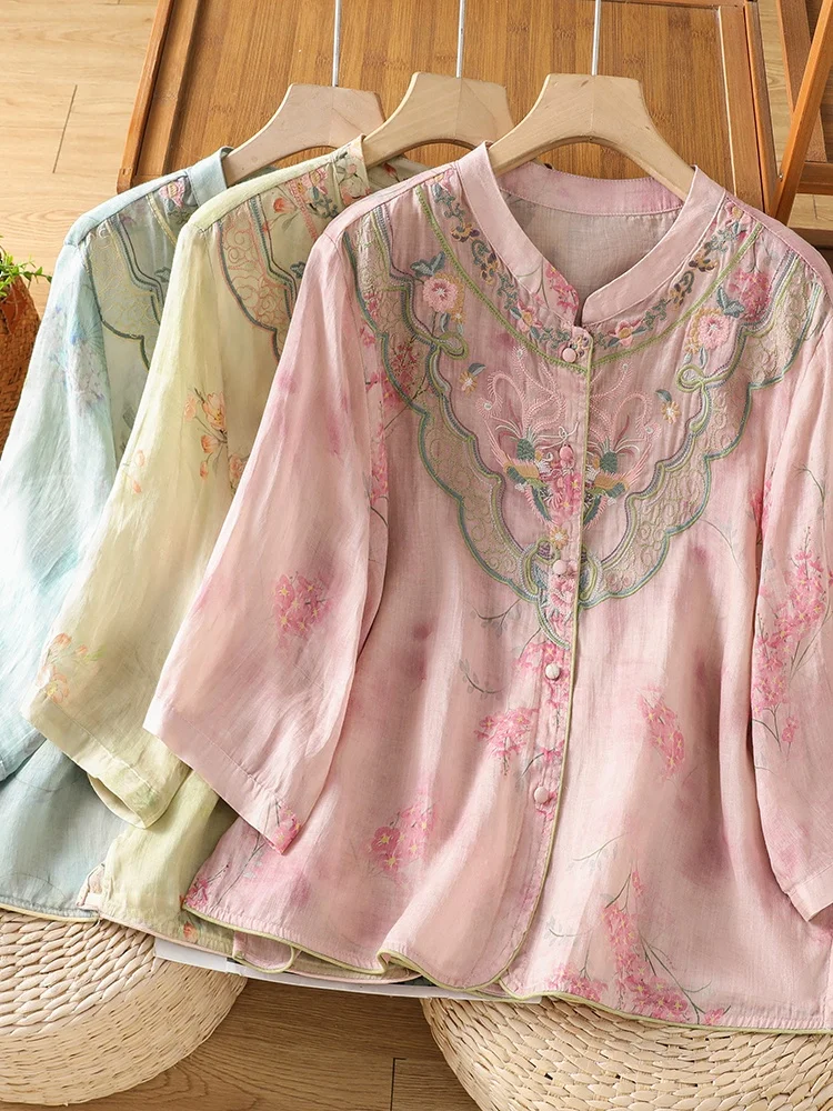 

New Chinese Style Embroidered Stand Collar Shirt Women's Summer Design Sense Heavy Work Button up Cardigan Top Sleeve Length
