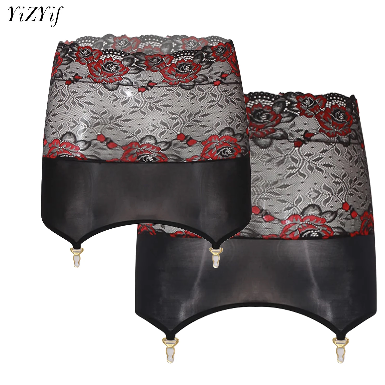 

Womens Glossy Bodycon Skirt with Garter Suspenders Floral Lace Trims High Waist Miniskirt Stockings Holders Sexy Lingerie