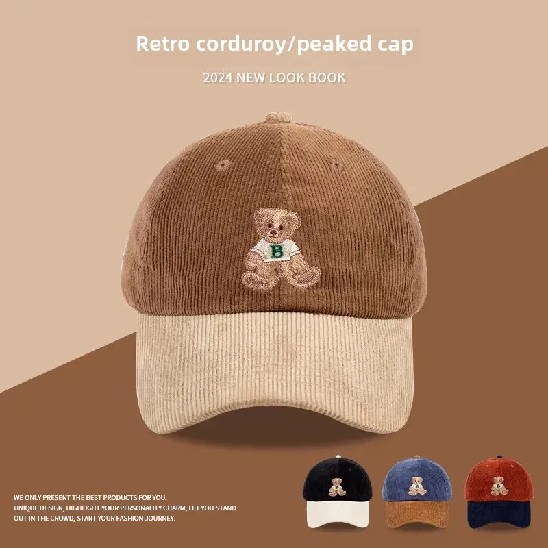 2024 New Women's Corduroy Duck Tongue Cap Color Block Small Brown Bear Spring Autumn Ins Trendy Brand Baseball Cap For Men