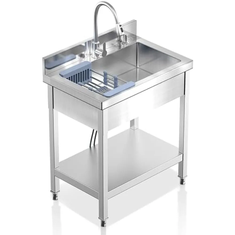 

Freestanding Stainless Steel Utility Sink 28 x 20 x 31.5 with Retractable Cold and Hot Water Faucet, Hoses, and Drain Kit