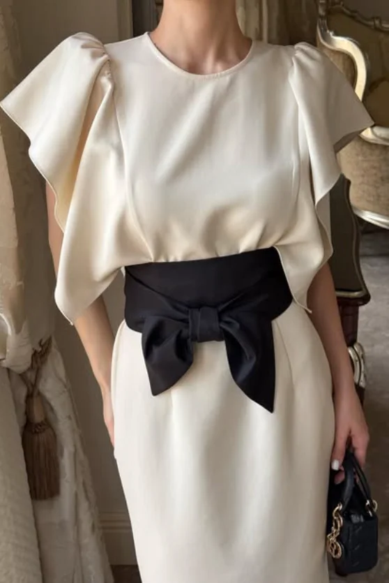 High Quality Customized O-neck Ankle Length Bow Color Contrast Short Sleeves Платье Корейский Стиль Kate Middleton Dress Dresses view 6