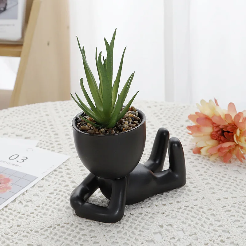 Creative Black Figure Flower Pot Succulent Plant Pot for Home Tabletop Decor Black Figure Cactus Potted Abstract Statue PlantPot