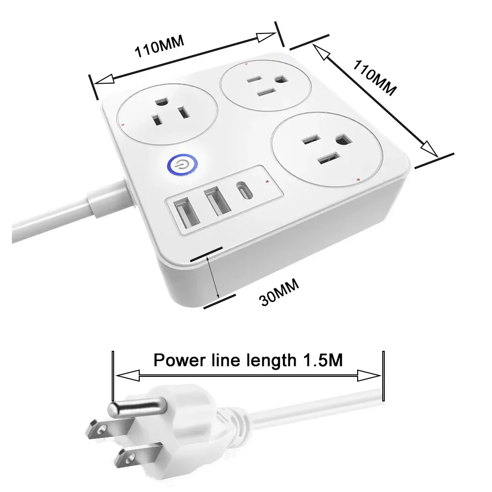 Tuya WiFi Smart Plug US Multi-function 1.5m Power Board with Dual USB Type-C Smart Socket Voice Control Multi-plug Support Alexa