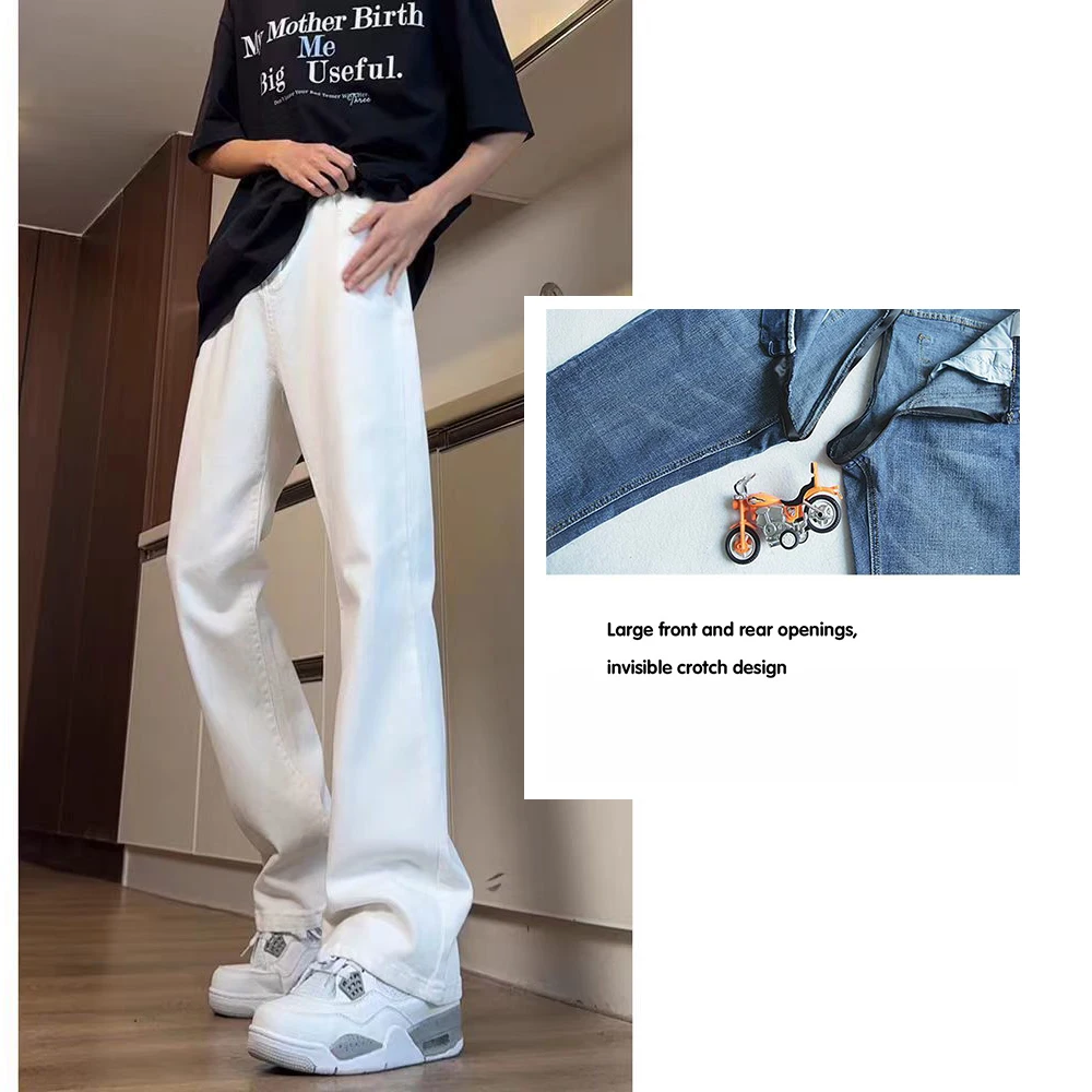 White Baggy Jeans Men Mid Waist Invisible Open-crotch Outdoor Sex Scimitar Cowboy Summer Slim Straight Casual Exotic Style