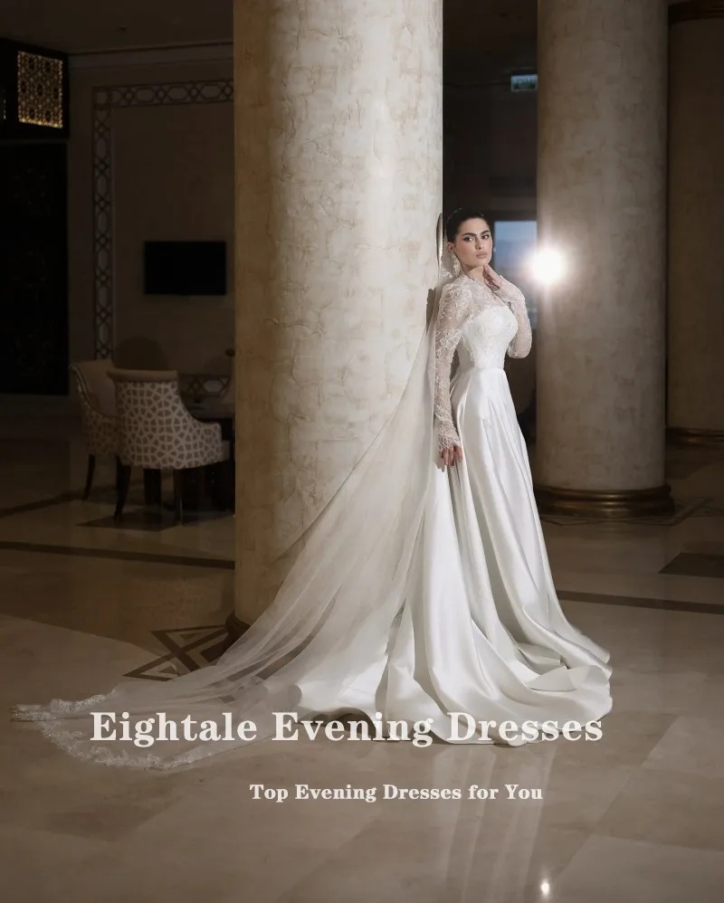 Abito da sposa arabo Eightale personalizzato bianco avorio a-line in pizzo maniche lunghe abito da sposa in raso musulmano Robe De Mariée