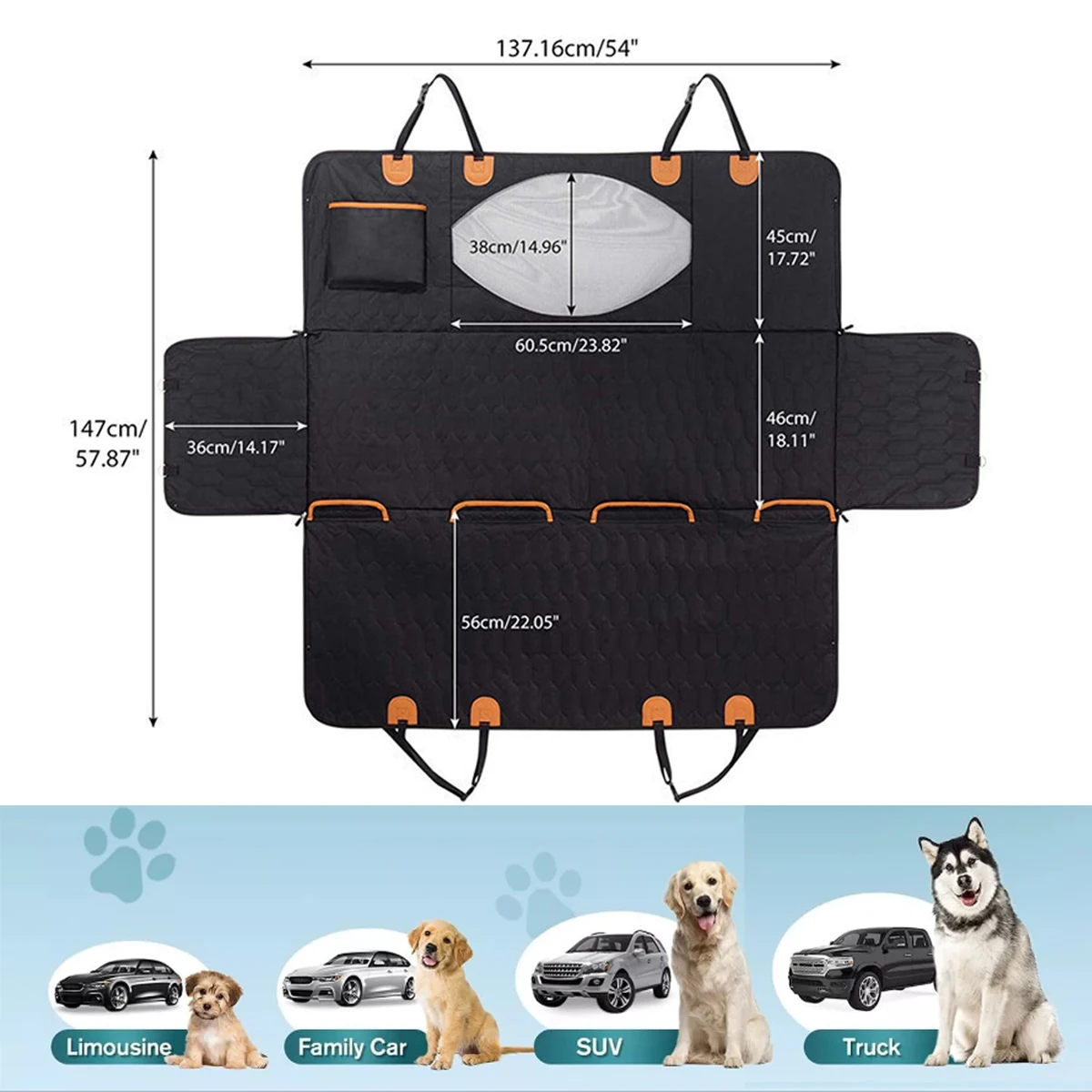 Waterproof Dog Car Seat Cover Hard Bottom-Detachable,600D Heavy Duty Scratch Proof Nonslip Soft,Dog Hammock for Car,SUV