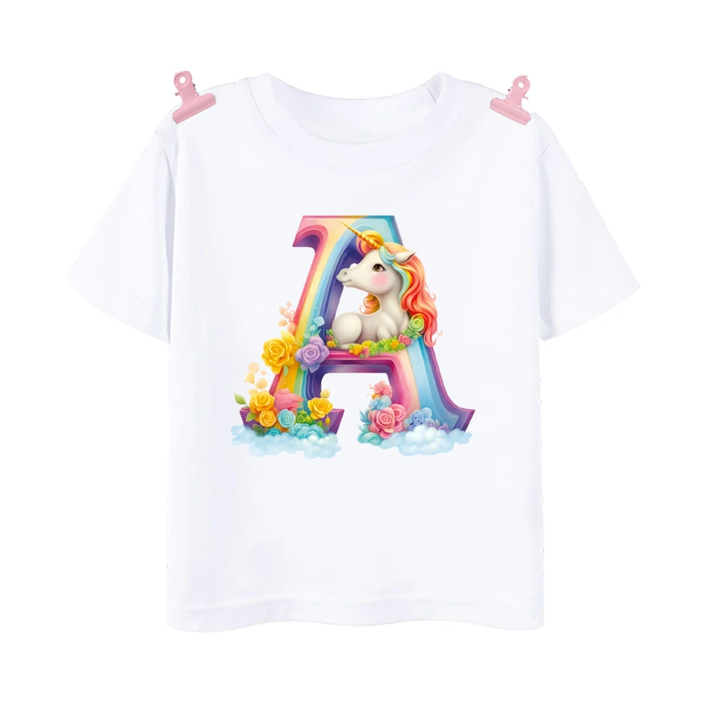 Unicorn Rainbow Initial A-Z Printed Kids Shirt Child Summer T-shirt Boys Girls Short Sleeve Tops Clothes Cute Toddles Outfit Tee