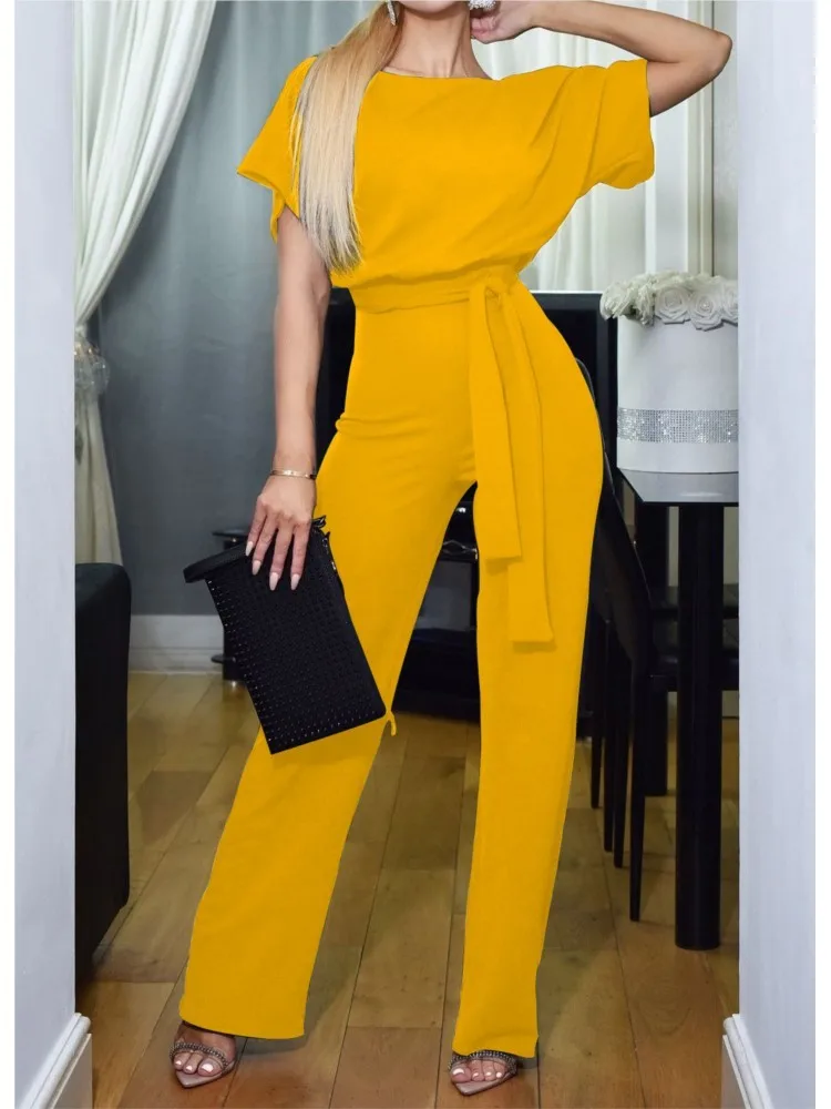 

Jumpsuit Women Spring Summer New Solid Color Short Sleeves High Waist Leace-up Jumpsuits Fashion Elegant Chic Feminino Playsuits