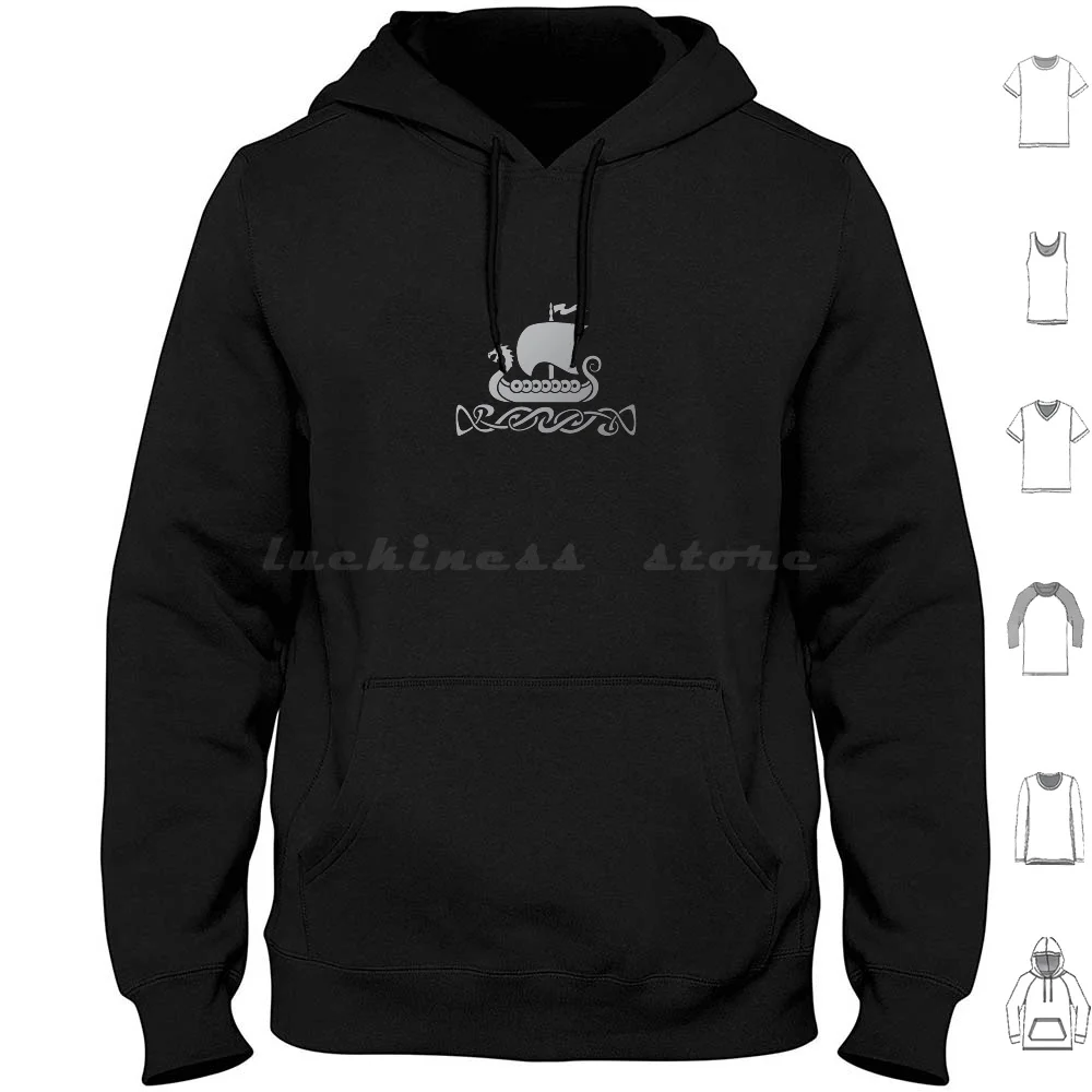 Dragon Boat-Silver Grey Hoodies Long Sleeve Dragon Fantasy Ships Longboat Viking Norse Dragon Boat Viking Longship