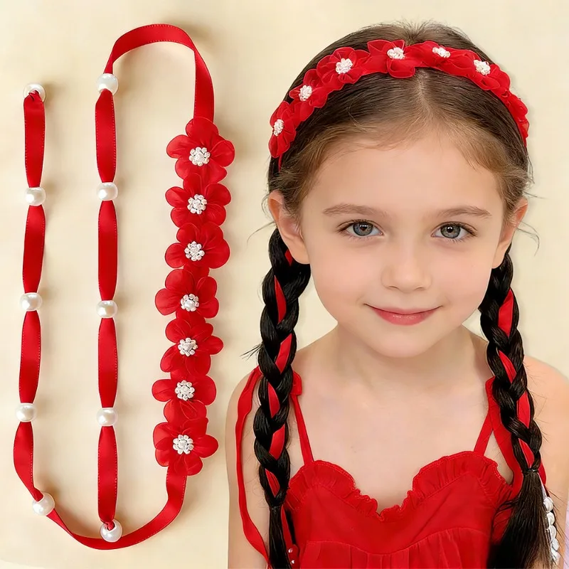 1 Stück Organza-Blumen-Haarband mit langem Band, modisches böhmisches Blumen-Haargummi, geflochtenes Haarband, geeignet für tägliche Partys – Detail 7