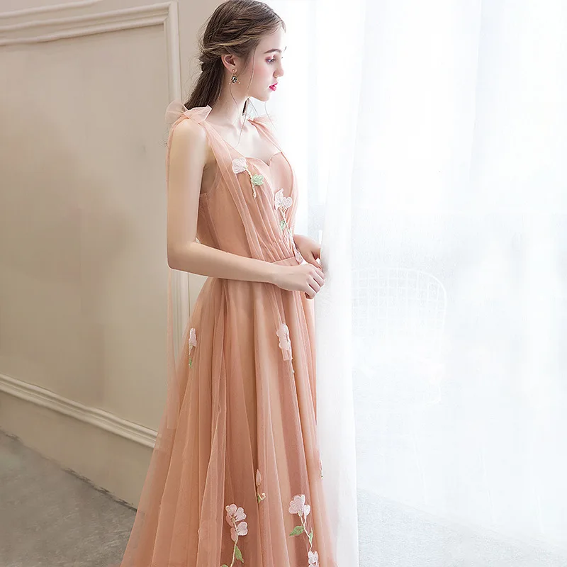 Elegant Pink Evening Dress Women's Simple Floor Length Classical Tulle Birthday Party Vestido Floral Decal Design Prom Gown