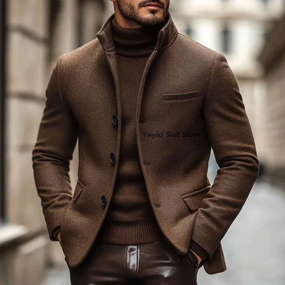 

Wool Fabric Men's Social Coat Single-breasted Casual Suit Jackets Urban Blazers Man Jackets High Quality Stand Collar Fashion