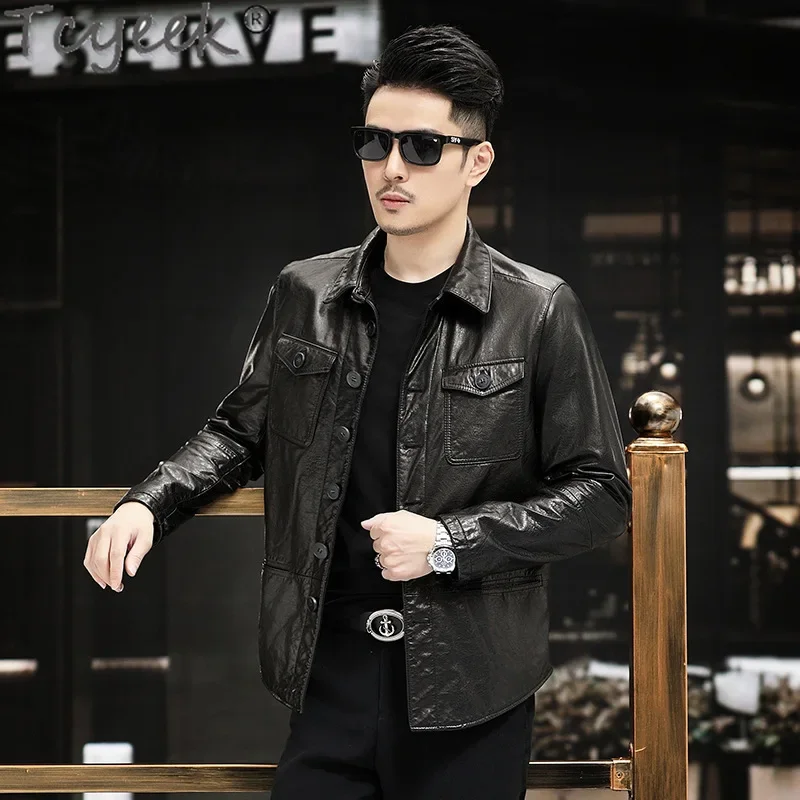 Tcyeek Genuine Leather Jacket Men Oil Wax Cowhide Coat Male Motocycle Jackets New Style Spring Autumn Clothes Chaquetas Hombre