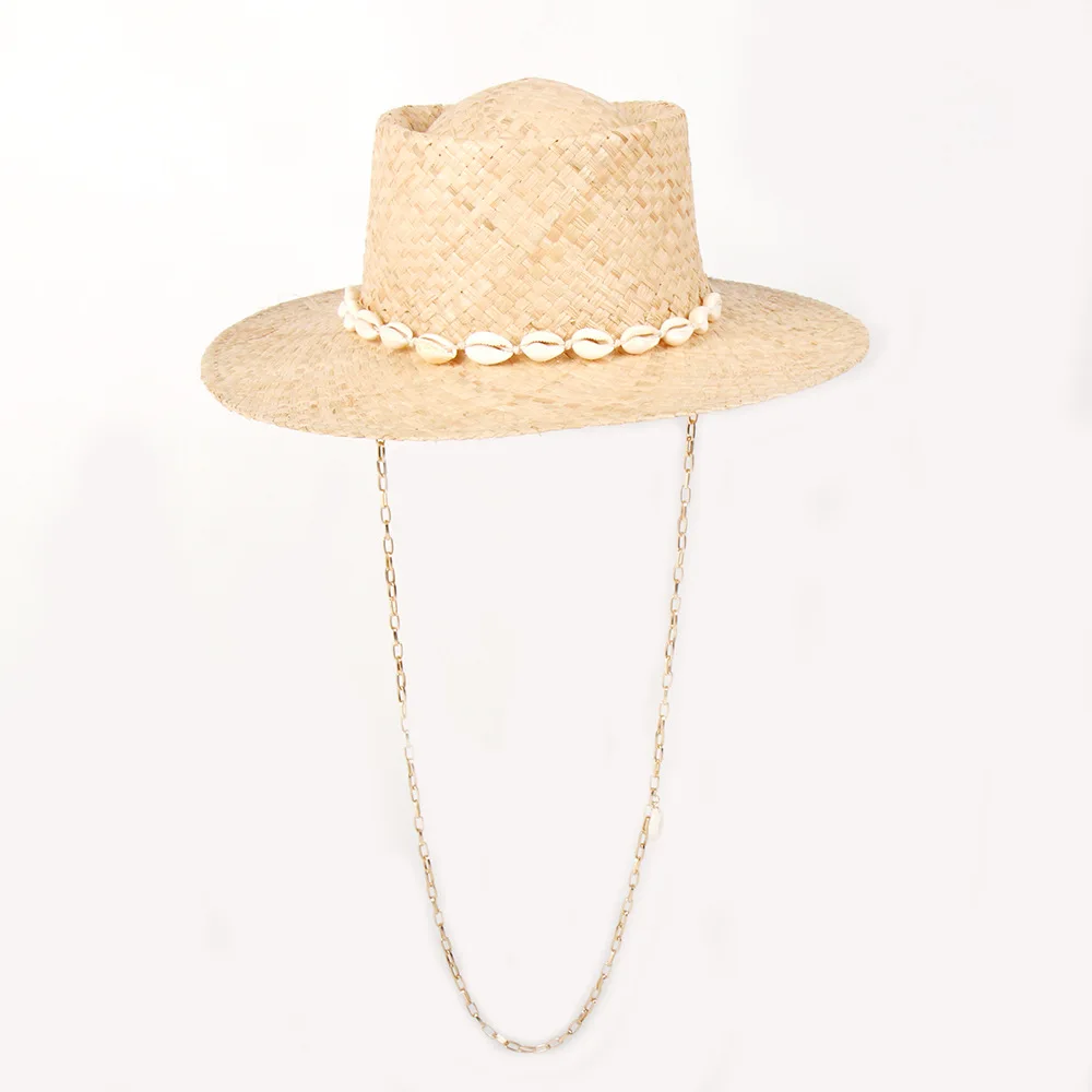 women-shell-chain-raffia-straw-hat-sun-protection-beach-vacation-fashion-cap
