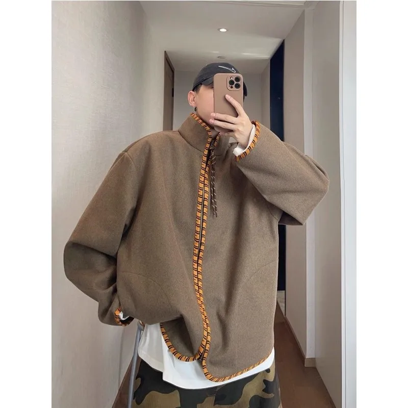 Large Size 300 Pounds Retro Tiger Pattern Weave Belted Woolen Stand Collar Jacket Men's Fashion Autumn Winter New Style Hands...