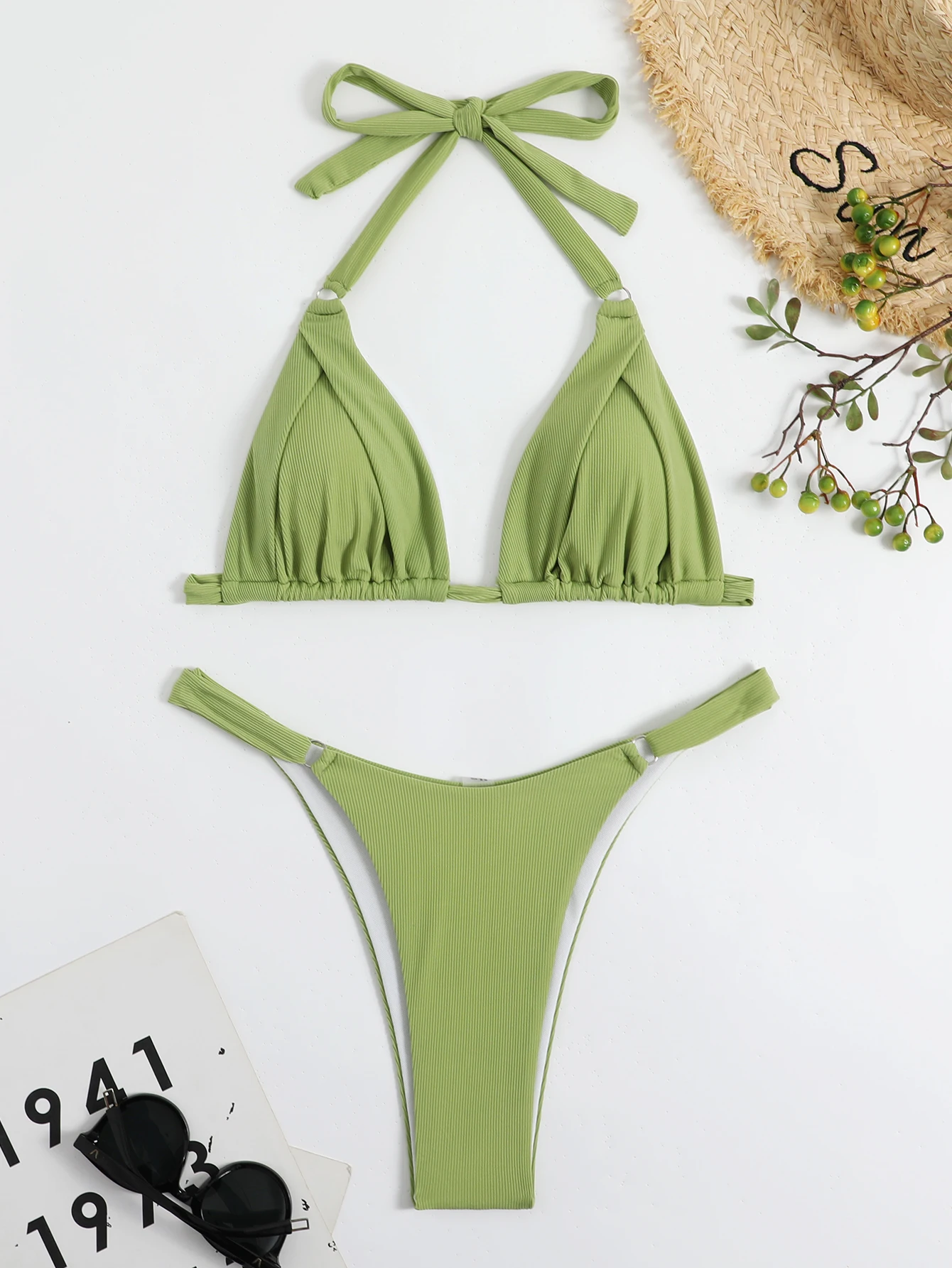 

Two Piece Bikini Green Triangle Halter Fold Swimsuit Swimming Women Swimwear Bikinis Summer Beach Bathing Suit