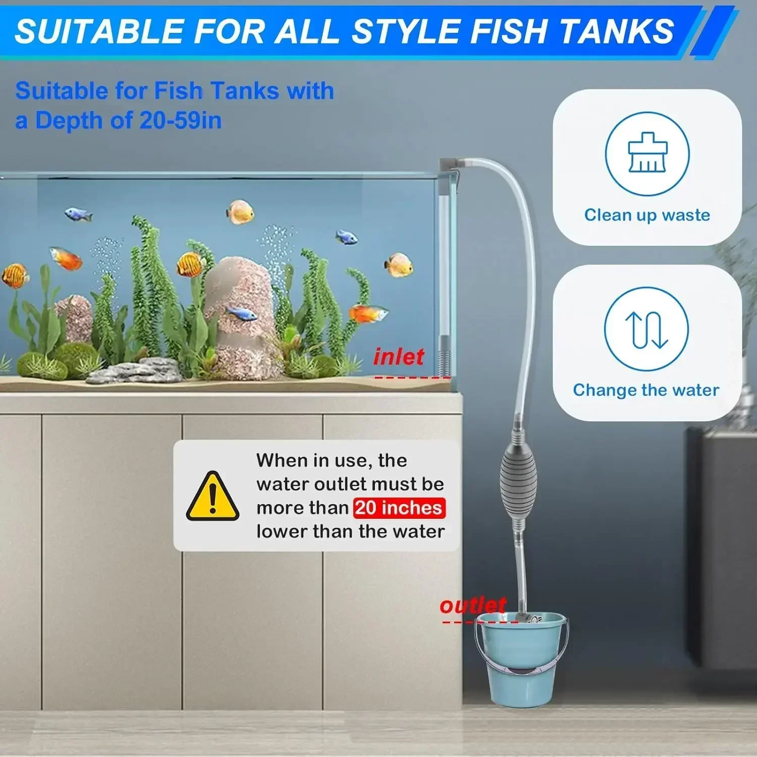 Aquarium-Siphon-Vakuum für Kies, Großer Wasserwechsler, Aquarium-Sandreiniger und Wasserwechsel-Reinigungsset mit Verlängerungsrohr – Detail 2